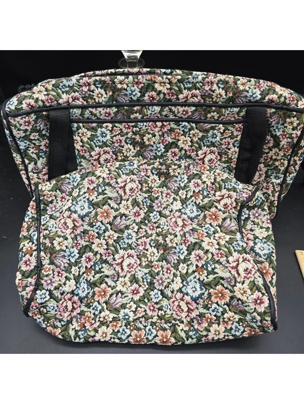 Vintage 90s Floral Tapestry Travel Bag Set 2pc Duffel Tote Makeup Cosmetic Case